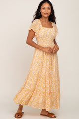 Mustard Floral Smocked Tiered Maxi Dress