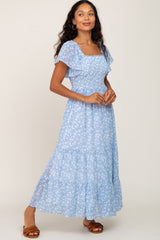 Blue Floral Smocked Tiered Maternity Maxi Dress