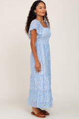 Blue Floral Smocked Tiered Maxi Dress