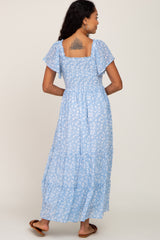 Blue Floral Smocked Tiered Maxi Dress