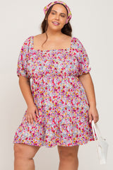 Fuchsia Floral Smocked Puff Sleeve Plus Dress