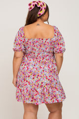 Fuchsia Floral Smocked Puff Sleeve Plus Dress