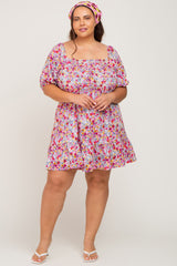 Fuchsia Floral Smocked Puff Sleeve Plus Dress