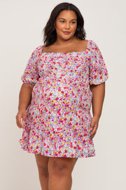 Fuchsia Floral Smocked Puff Sleeve Plus Maternity Dress