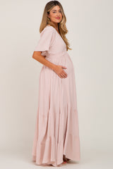 Light Pink Deep V-Neck Maternity Maxi Dress