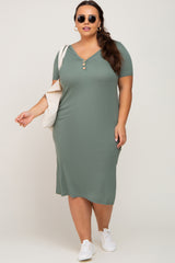 Olive Ribbed Button Front Maternity Plus Midi Dress