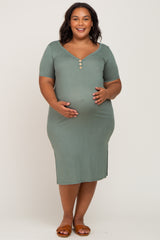 Olive Ribbed Button Front Maternity Plus Midi Dress