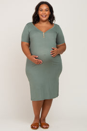 Olive Ribbed Button Front Maternity Plus Midi Dress