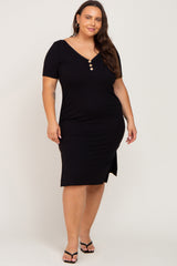 Black Ribbed Button Front Plus Midi Dress