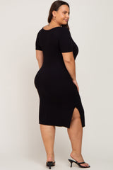 Black Ribbed Button Front Plus Midi Dress