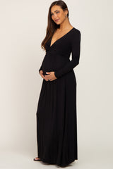 Black Front Twist Long Sleeve Maternity Maxi Dress