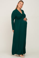 Forest Green Front Twist Long Sleeve Maternity Plus Maxi Dress