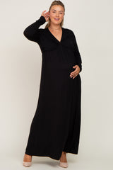 Black Front Twist Long Sleeve Maternity Plus Maxi Dress