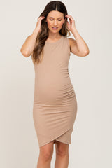 Taupe Ribbed Crossover Hem Fitted Maternity Dress