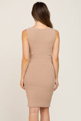 Taupe Ribbed Crossover Hem Fitted Maternity Dress