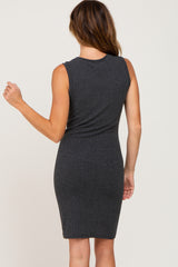 Charcoal Ribbed Crossover Hem Fitted Dress