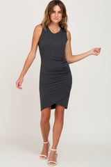 Charcoal Ribbed Crossover Hem Fitted Dress