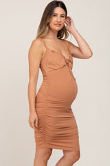 Camel Ribbed Sleeveless Fitted Maternity Mini Dress