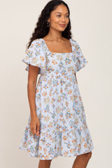 Light Blue Floral Gauze Square Neck Short Sleeve Dress