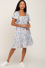 Light Blue Floral Gauze Square Neck Short Sleeve Dress