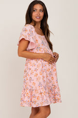 Pink Floral Gauze Square Neck Short Sleeve Maternity Dress