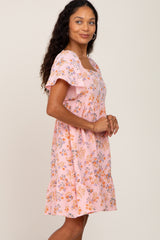 Pink Floral Gauze Square Neck Short Sleeve Dress