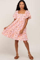 Pink Floral Gauze Square Neck Short Sleeve Dress