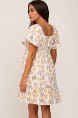 Cream Floral Gauze Square Neck Short Sleeve Maternity Dress