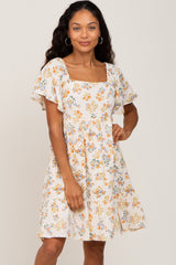 Cream Floral Gauze Square Neck Short Sleeve Dress