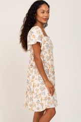 Cream Floral Gauze Square Neck Short Sleeve Dress