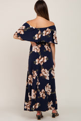 Navy Floral Flounce Off Shoulder Maternity Maxi Dress