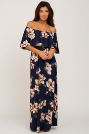 Navy Floral Flounce Off Shoulder Maxi Dress