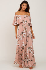 Mauve Floral Flounce Off Shoulder Maternity Maxi Dress