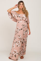 Mauve Floral Flounce Off Shoulder Maternity Maxi Dress