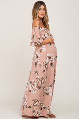 Mauve Floral Flounce Off Shoulder Maternity Maxi Dress