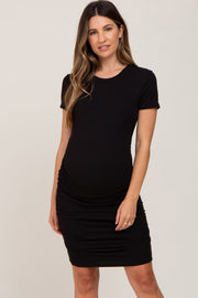 Black Ribbed Ruched Maternity Fitted Dress