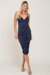 Navy Sleeveless Fitted Ruched Maternity Dress