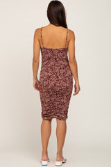 Burgundy Animal Print Deep V Ruched Maternity Dress