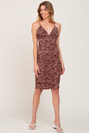 Burgundy Animal Print Deep V Ruched Dress