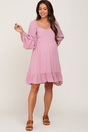 Mauve Square Neck Puff Long Sleeve Maternity Dress