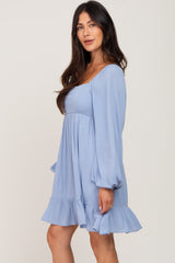 Light Blue Square Neck Puff Long Sleeve Dress