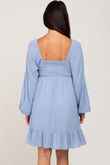 Light Blue Square Neck Puff Long Sleeve Dress