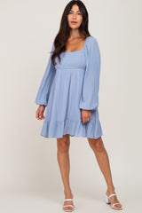 Light Blue Square Neck Puff Long Sleeve Dress