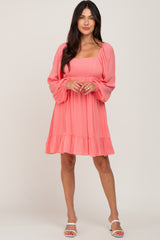 Coral Square Neck Puff Long Sleeve Dress