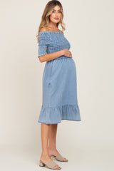 Light Blue Smocked Off Shoulder Maternity Dress