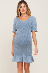 Light Blue Smocked Puff Sleeve Maternity Dress