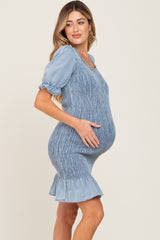 Light Blue Smocked Puff Sleeve Maternity Dress