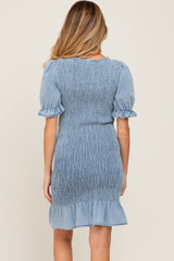 Light Blue Smocked Puff Sleeve Maternity Dress