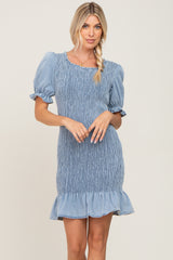 Light Blue Smocked Puff Sleeve Dress