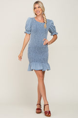 Light Blue Smocked Puff Sleeve Maternity Dress